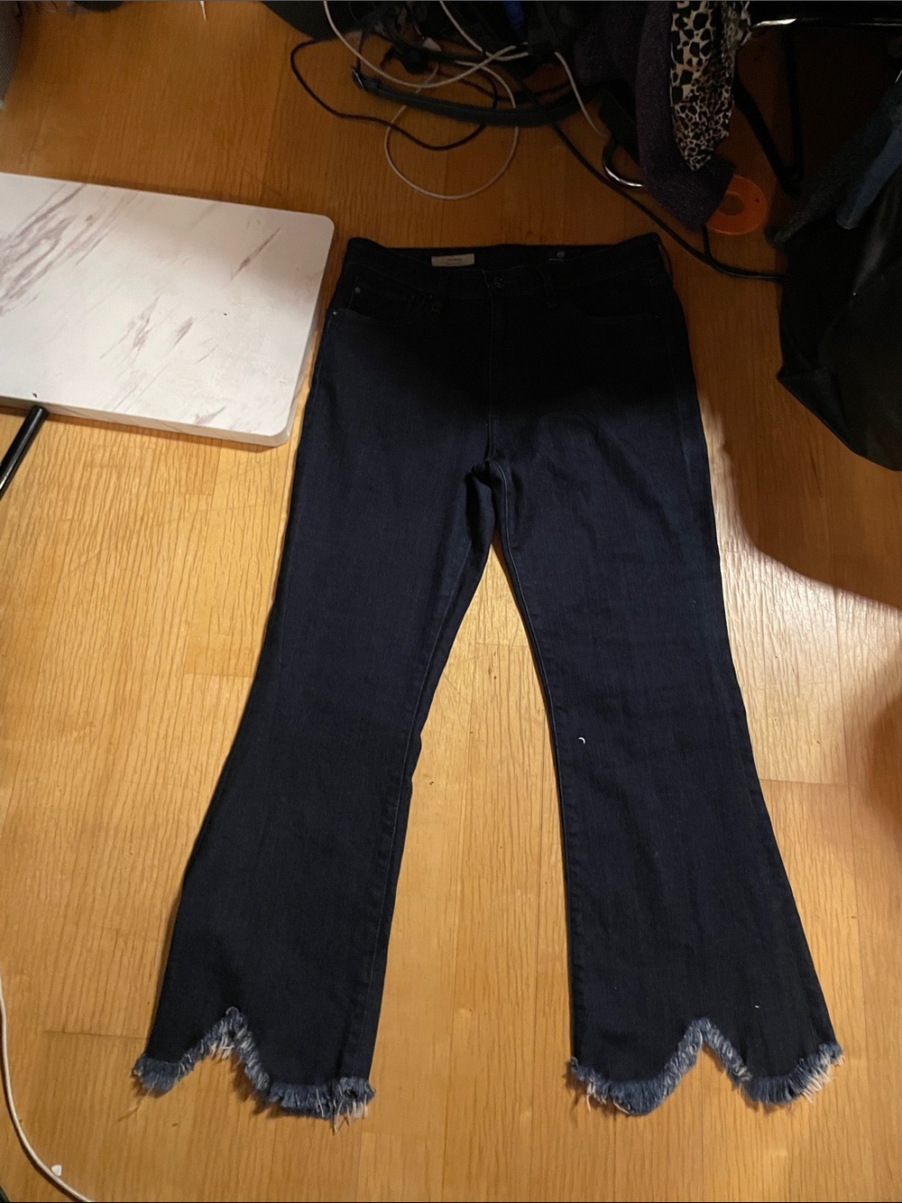 Ag Adriano Goldschmied Navy Frayed Scallop Hem Flare Jeans